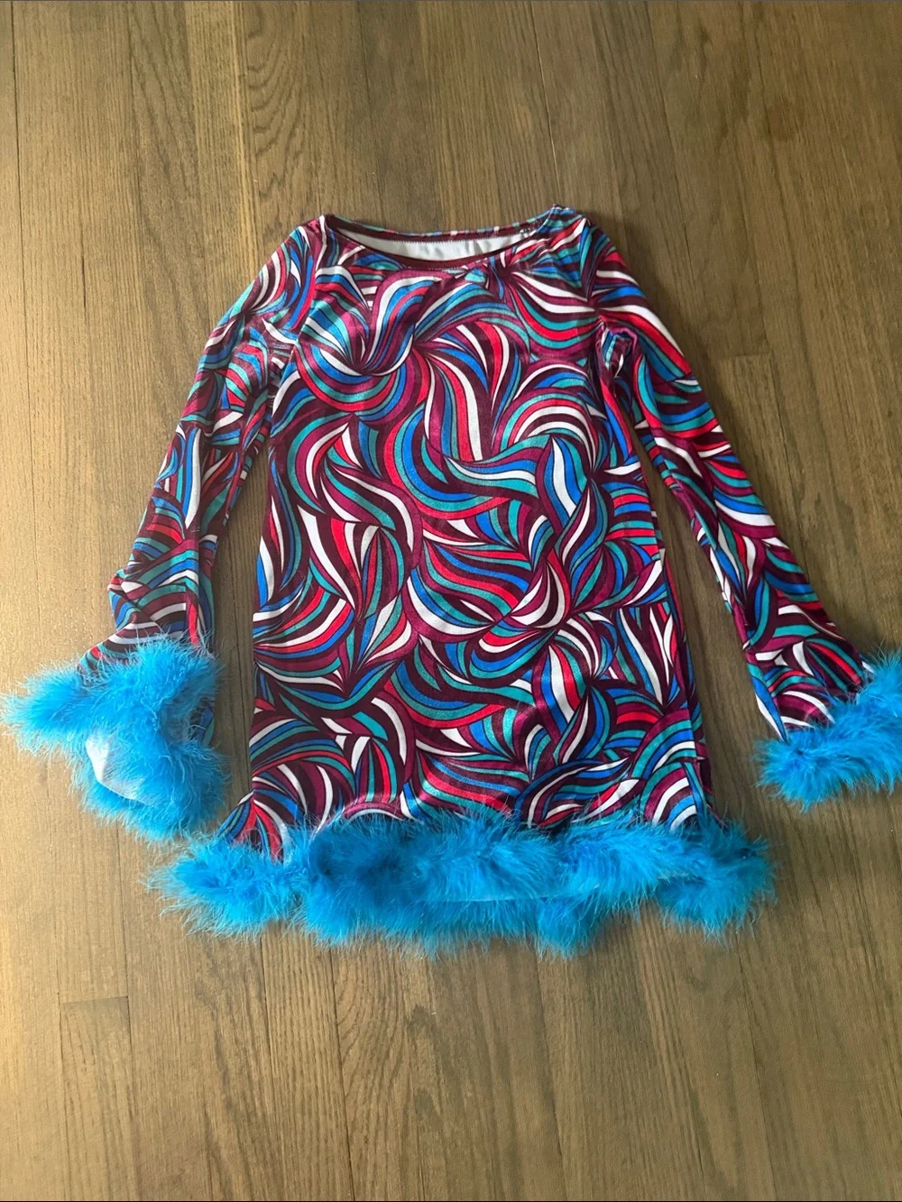 Kids Groovy Dance Costume with Blue Trim feathers